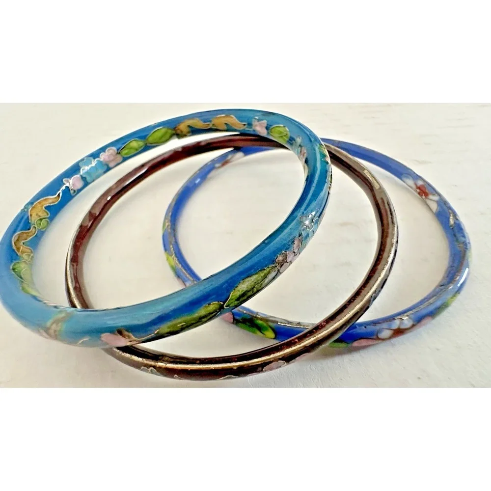 Cloisonne Bangle Bracelet Blue Aqua Floral Pink Metal Set of 3